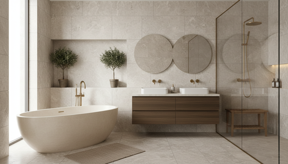 Contemporary bathroom fixtures and natural surfaces