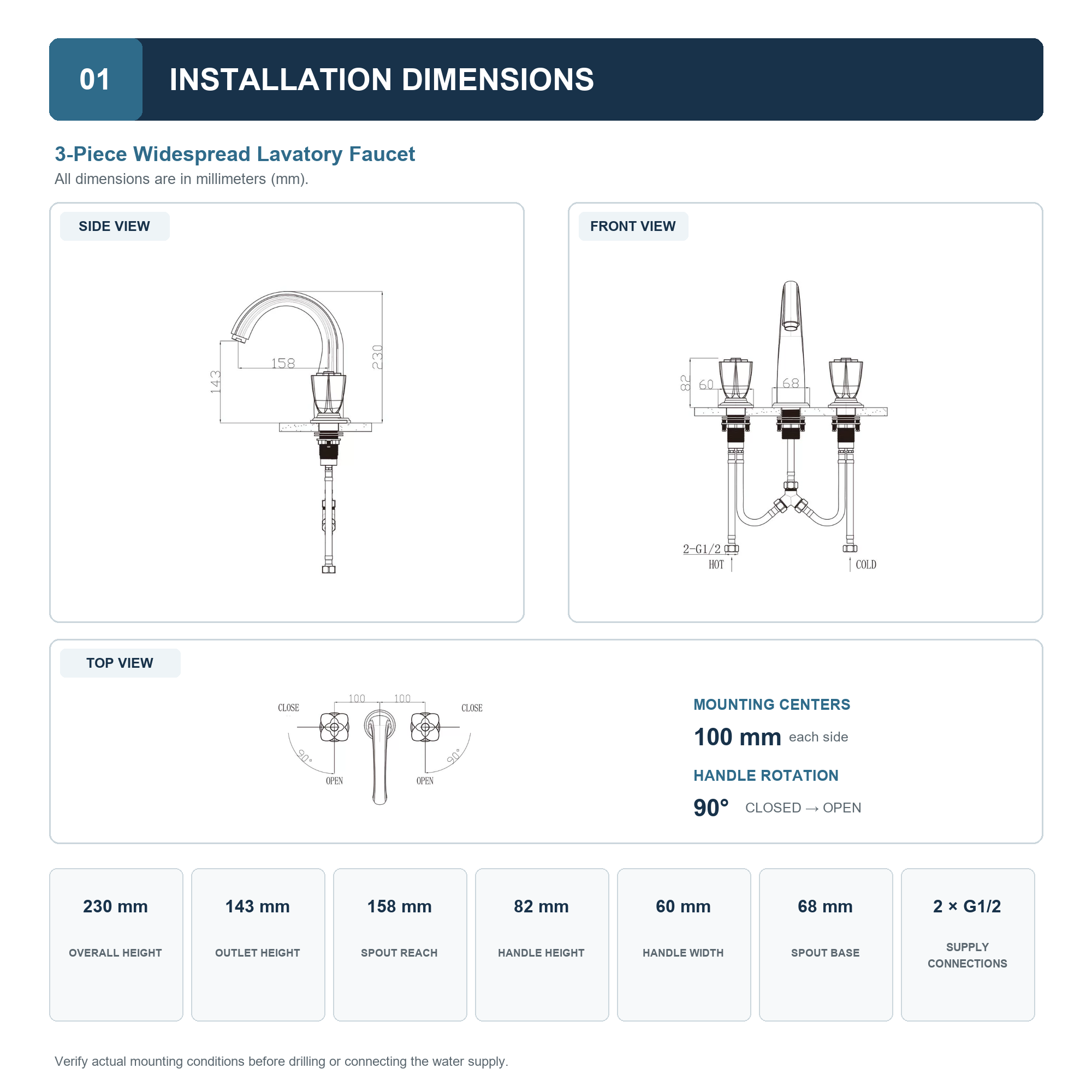 Installation dimensions for JUGRE 3-piece widespread lavatory faucet