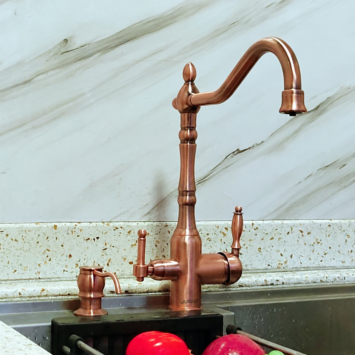 JUGRE antique copper faucet installed at a kitchen sink