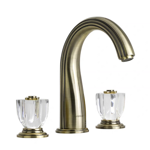 JUGRE widespread lavatory faucet in antique brass with clear handles