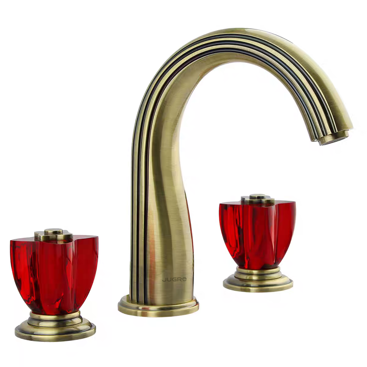 JUGRE widespread lavatory faucet in antique brass with red handles