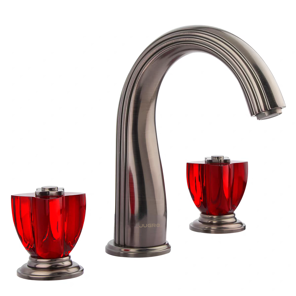 JUGRE widespread lavatory faucet in gunmetal with red handles