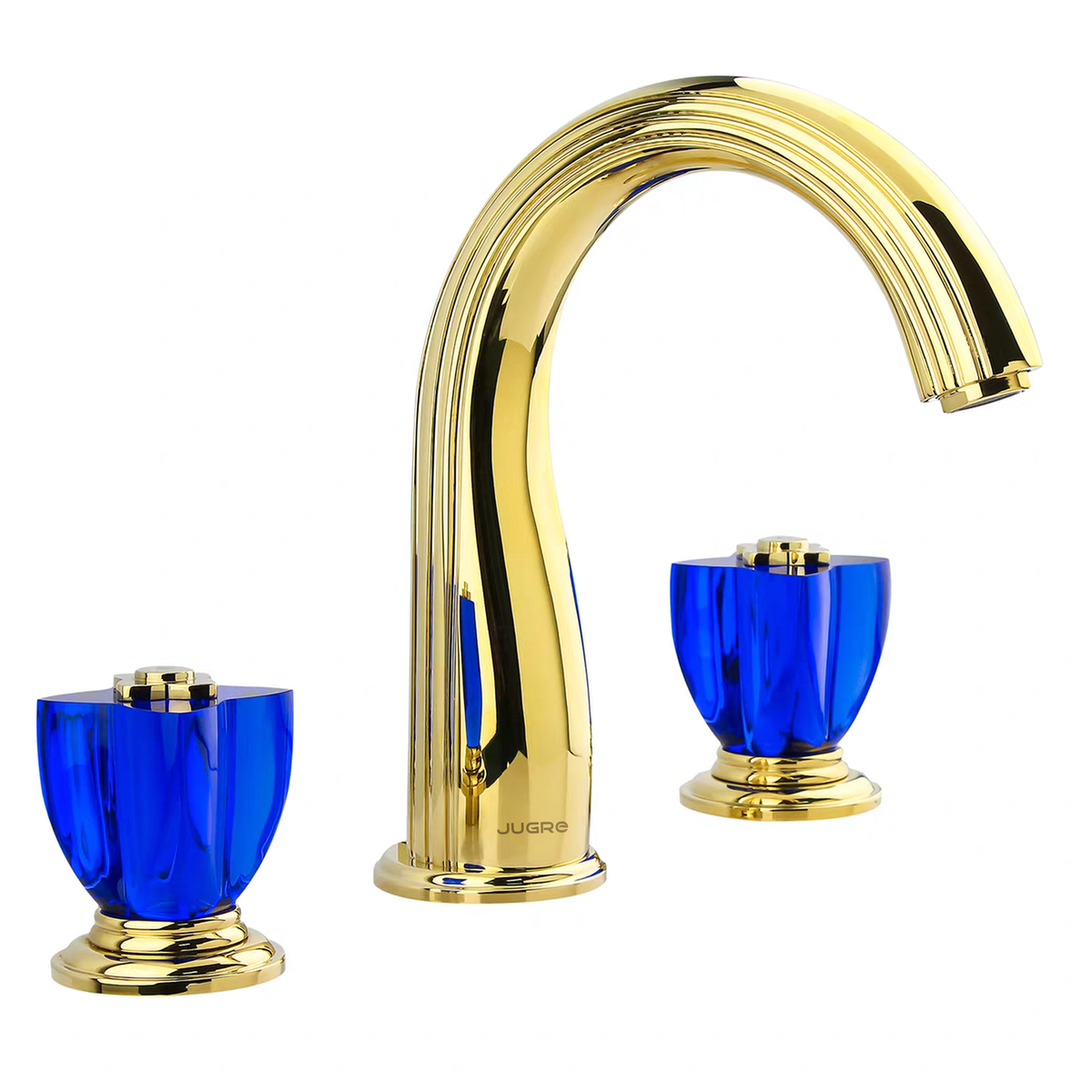 JUGRE widespread lavatory faucet in polished gold with blue handles