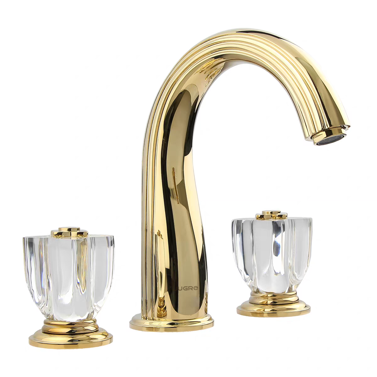JUGRE widespread lavatory faucet in polished gold with clear handles