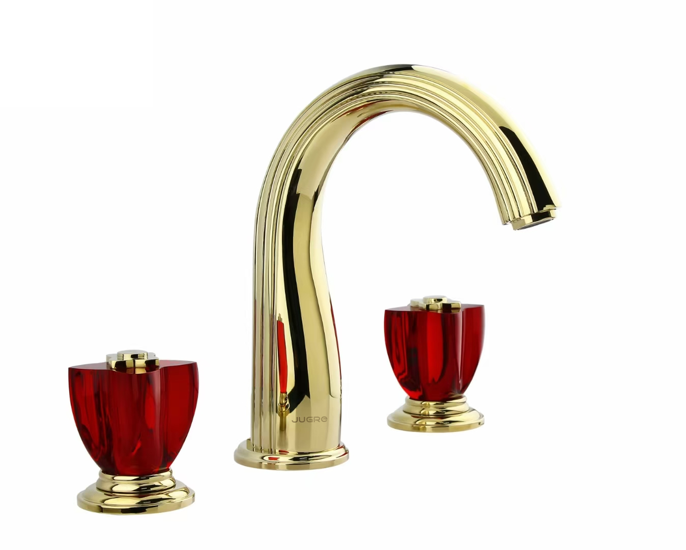 JUGRE widespread lavatory faucet in polished gold with red handles