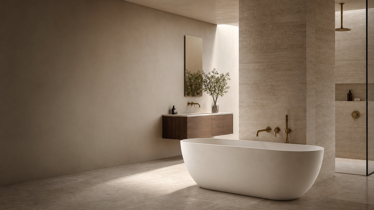 Warm limestone bathroom with a freestanding bath and brushed brass fittings