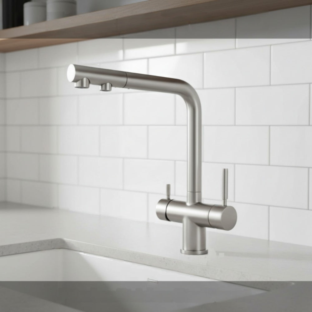 chrome 4-way kitchen faucet with separate filtered water channel