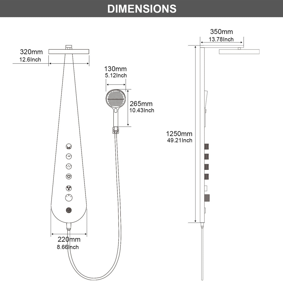 JUGRE MRS100 shower system dimensions