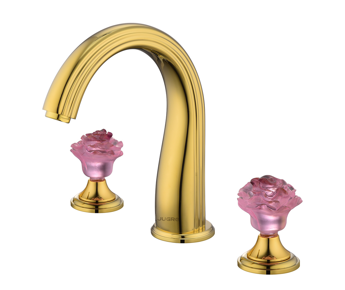 JUGRE Crystal Rose 3-Hole Widespread Basin Faucet – Solid Brass Gold with Pink Crystal Flower Handles