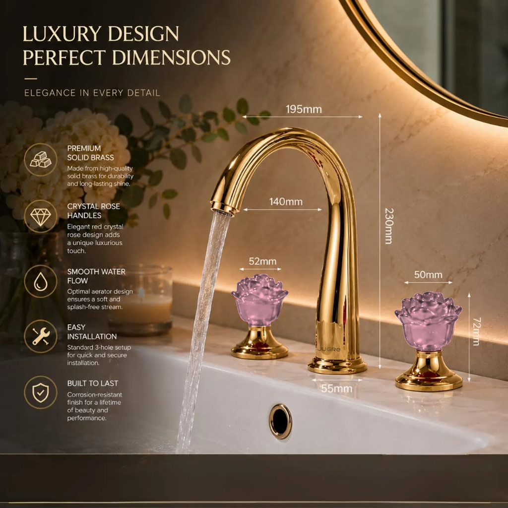 JUGRE Crystal Rose 3-Hole Widespread Basin Faucet – Solid Brass Gold with Pink Crystal Flower Handles