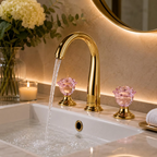 JUGRE Crystal Rose 3-Hole Widespread Basin Faucet – Solid Brass Gold with Pink Crystal Flower Handles